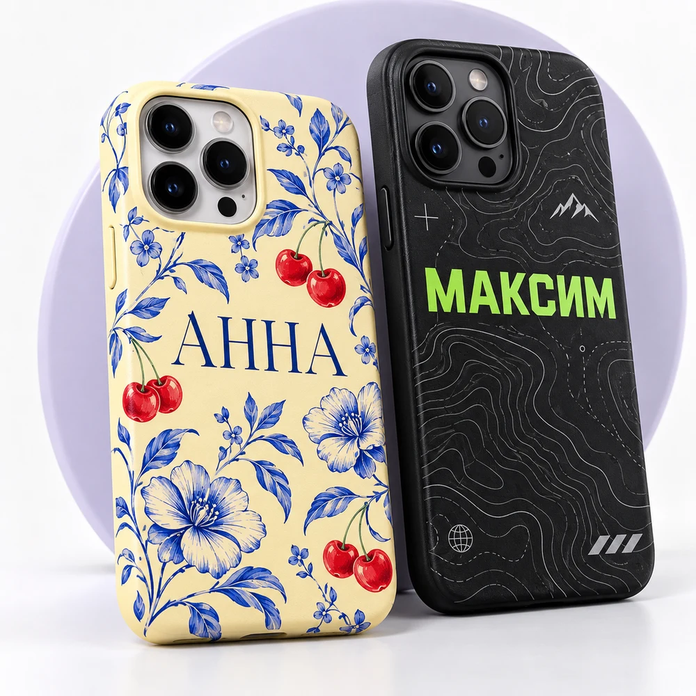 Женский чехол АННА с цветами и мужской чехол МАКСИМ с графичным принтом