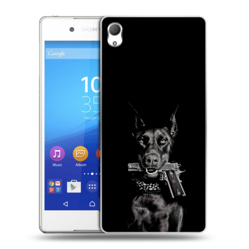 Пластиковый чехол на Sony Xperia Z3+ с принтом Доберман и пистолет Пластиковый чехол на Sony Xperia Z3+ с принтом Доберман и пистолет