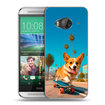 Силиконовый чехол на HTC One ME с принтом Корги на скейте