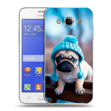 Пластиковый чехол на Samsung Galaxy J7 с принтом Мопс в шапке Пластиковый чехол на Samsung Galaxy J7 с принтом Мопс в шапке