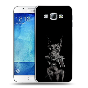 Пластиковый чехол на Samsung Galaxy A8 с принтом Доберман и пистолет Пластиковый чехол на Samsung Galaxy A8 с принтом Доберман и пистолет