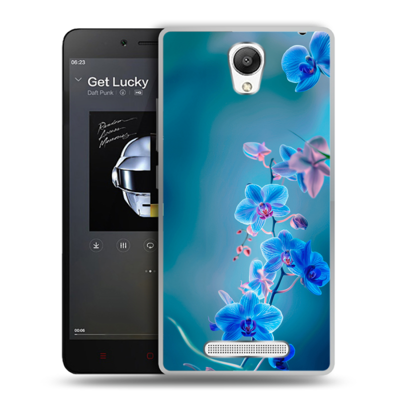 Силиконовый чехол на Xiaomi RedMi Note 2 с принтом Голубые цветы Силиконовый чехол на Xiaomi RedMi Note 2 с принтом Голубые цветы