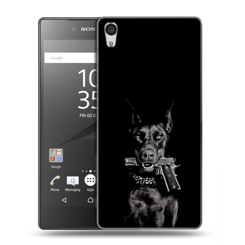 Силиконовый чехол на Sony Xperia Z5 Premium с принтом Доберман и пистолет Силиконовый чехол на Sony Xperia Z5 Premium с принтом Доберман и пистолет