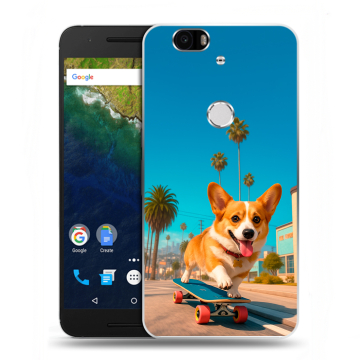 Силиконовый чехол на Google Huawei Nexus 6P с принтом Корги на скейте