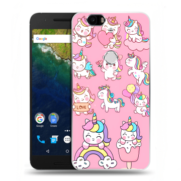 Силиконовый чехол на Google Huawei Nexus 6P с принтом Единороги и радуга