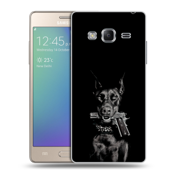 Пластиковый чехол на Samsung Z3 с принтом Доберман и пистолет Пластиковый чехол на Samsung Z3 с принтом Доберман и пистолет