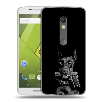 Пластиковый чехол на Motorola Moto X Play с принтом Доберман и пистолет