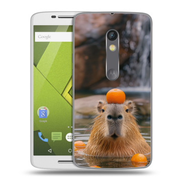 Пластиковый чехол на Motorola Moto X Play с принтом Капибара с апельсином
