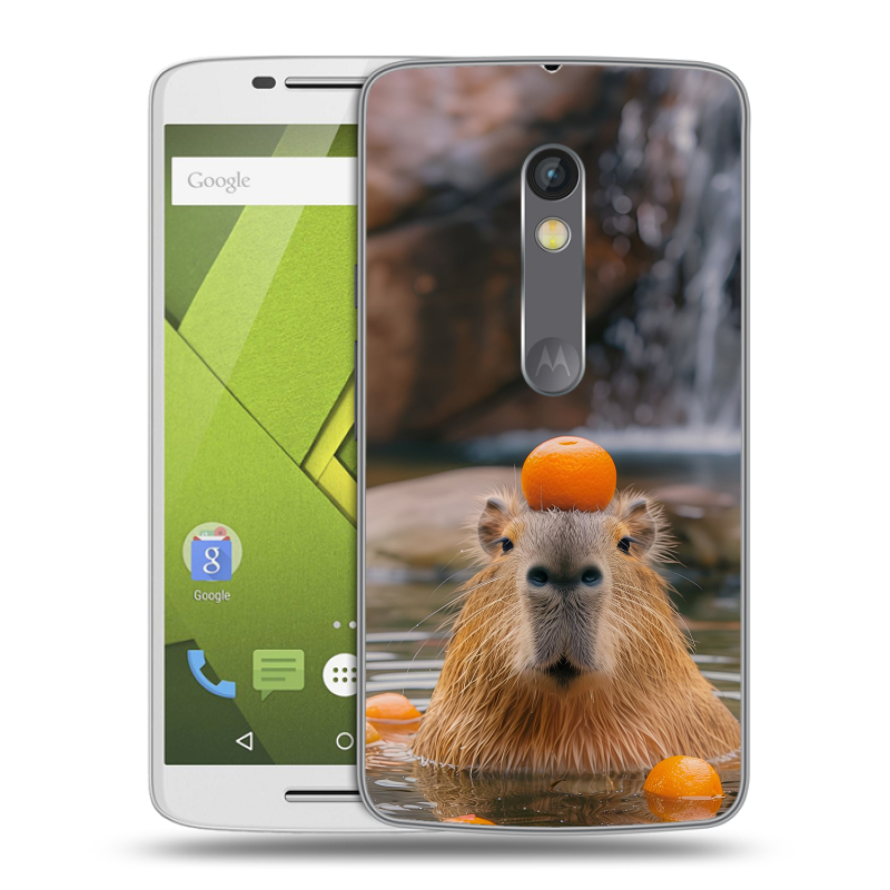 Пластиковый чехол на Motorola Moto X Play с принтом Капибара с апельсином Пластиковый чехол на Motorola Moto X Play с принтом Капибара с апельсином