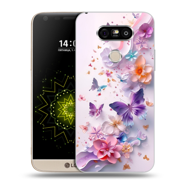 Пластиковый чехол на LG G5 с принтом цветы бабочки Пластиковый чехол на LG G5 с принтом цветы бабочки