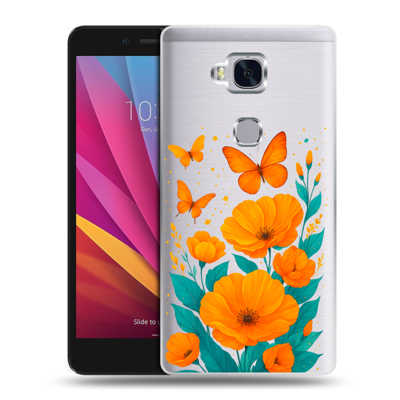 Силиконовый чехол на Huawei Honor 5X с принтом цветы бабочки Силиконовый чехол на Huawei Honor 5X с принтом цветы бабочки