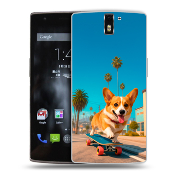 Силиконовый чехол на OnePlus One с принтом Корги на скейте
