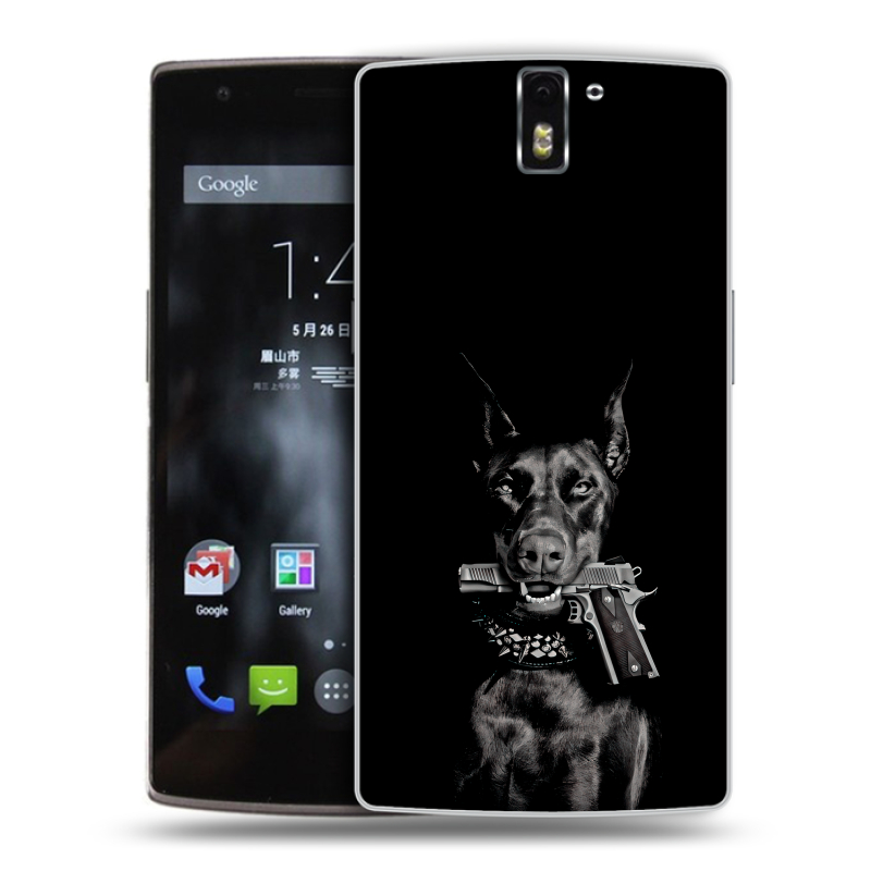 Силиконовый чехол на OnePlus One с принтом Доберман и пистолет Силиконовый чехол на OnePlus One с принтом Доберман и пистолет