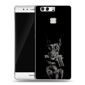 Силиконовый чехол на Huawei P9 с принтом Доберман и пистолет Силиконовый чехол на Huawei P9 с принтом Доберман и пистолет