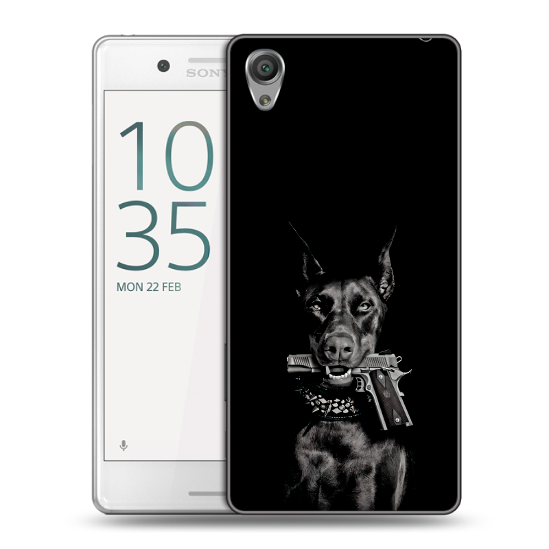 Пластиковый чехол на Sony Xperia X Performance с принтом Доберман и пистолет Пластиковый чехол на Sony Xperia X Performance с принтом Доберман и пистолет