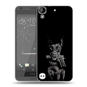 Пластиковый чехол на HTC Desire 530 с принтом Доберман и пистолет Пластиковый чехол на HTC Desire 530 с принтом Доберман и пистолет