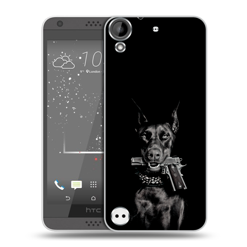 Пластиковый чехол на HTC Desire 530 с принтом Доберман и пистолет Пластиковый чехол на HTC Desire 530 с принтом Доберман и пистолет