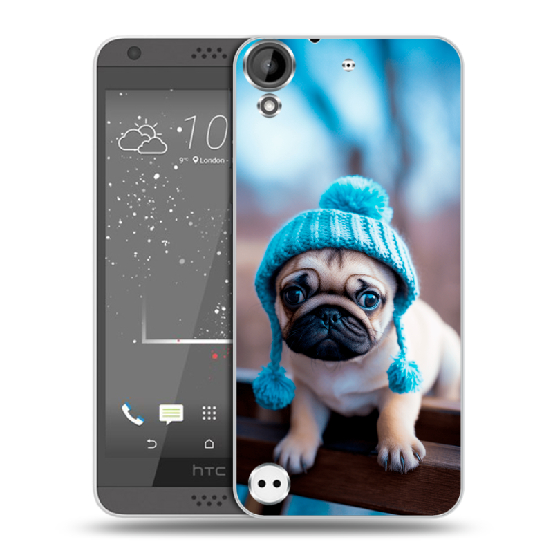 Пластиковый чехол на HTC Desire 530 с принтом Мопс в шапке Пластиковый чехол на HTC Desire 530 с принтом Мопс в шапке