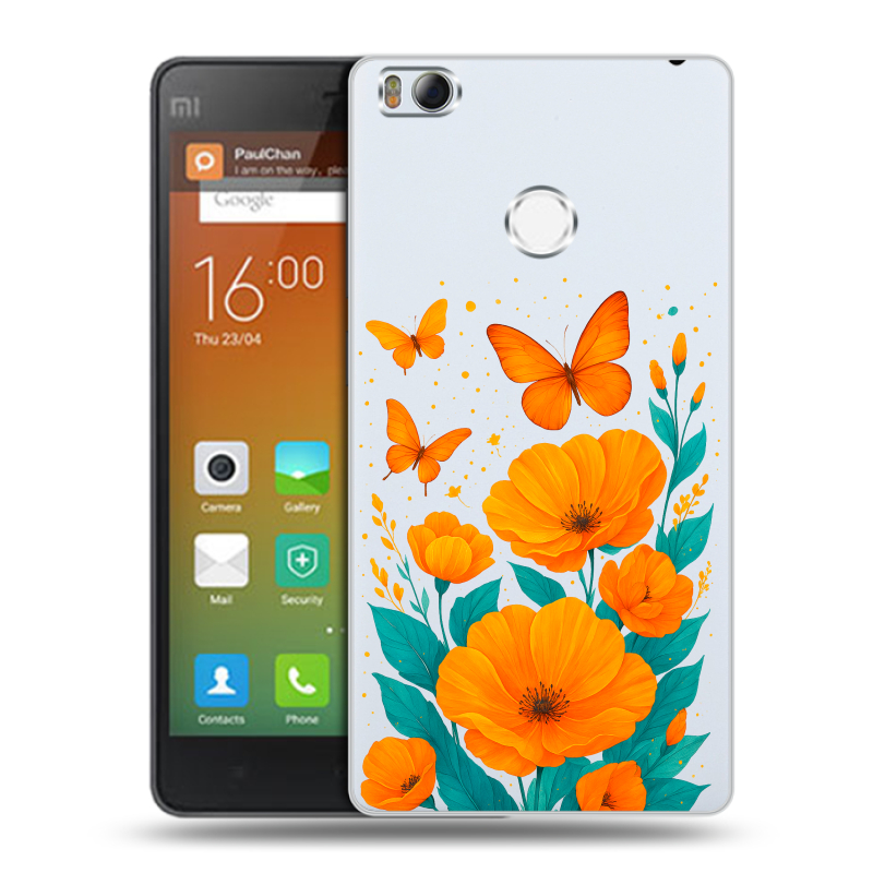 Пластиковый чехол на Xiaomi Mi4S с принтом цветы бабочки Пластиковый чехол на Xiaomi Mi4S с принтом цветы бабочки