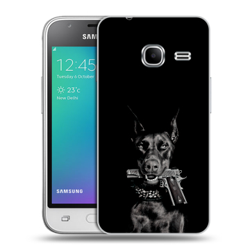Силиконовый чехол на Samsung Galaxy J1 mini (2016) с принтом Доберман и пистолет Силиконовый чехол на Samsung Galaxy J1 mini (2016) с принтом Доберман и пистолет