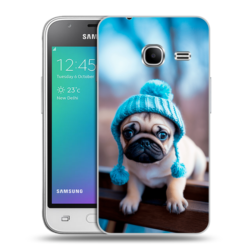 Силиконовый чехол на Samsung Galaxy J1 mini (2016) с принтом Мопс в шапке Силиконовый чехол на Samsung Galaxy J1 mini (2016) с принтом Мопс в шапке