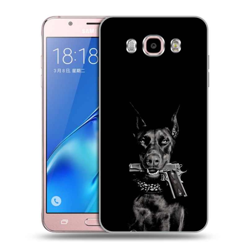 Силиконовый противоударный чехол на Samsung Galaxy J5 (2016) с принтом Доберман и пистолет Силиконовый противоударный чехол на Samsung Galaxy J5 (2016) с принтом Доберман и пистолет