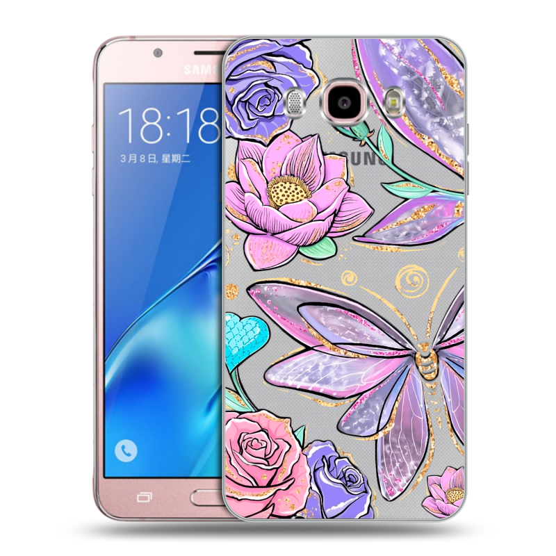 Силиконовый противоударный чехол на Samsung Galaxy J5 (2016) с принтом Бабочки и цветы Силиконовый противоударный чехол на Samsung Galaxy J5 (2016) с принтом Бабочки и цветы