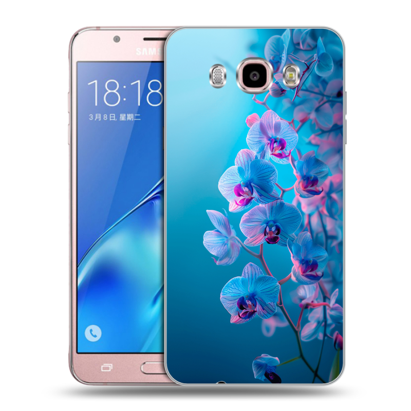 Силиконовый противоударный чехол на Samsung Galaxy J5 (2016) с принтом голубые орхидеи Силиконовый противоударный чехол на Samsung Galaxy J5 (2016) с принтом голубые орхидеи