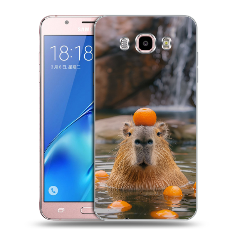 Силиконовый противоударный чехол на Samsung Galaxy J5 (2016) с принтом Капибара с апельсином Силиконовый противоударный чехол на Samsung Galaxy J5 (2016) с принтом Капибара с апельсином