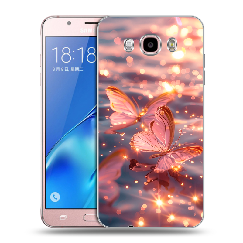 Силиконовый противоударный чехол на Samsung Galaxy J5 (2016) с принтом бабочки розовые Силиконовый противоударный чехол на Samsung Galaxy J5 (2016) с принтом бабочки розовые