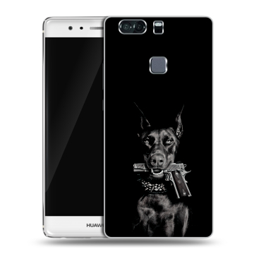 Пластиковый чехол на Huawei P9 Plus с принтом Доберман и пистолет