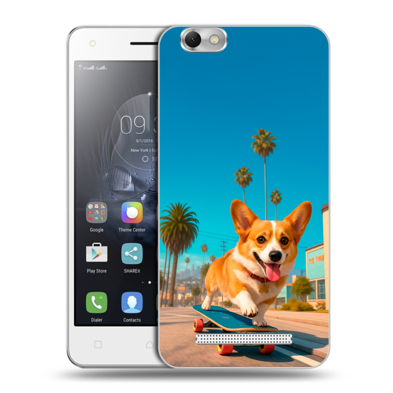 Силиконовый чехол на Lenovo Vibe C с принтом Корги на скейте Силиконовый чехол на Lenovo Vibe C с принтом Корги на скейте