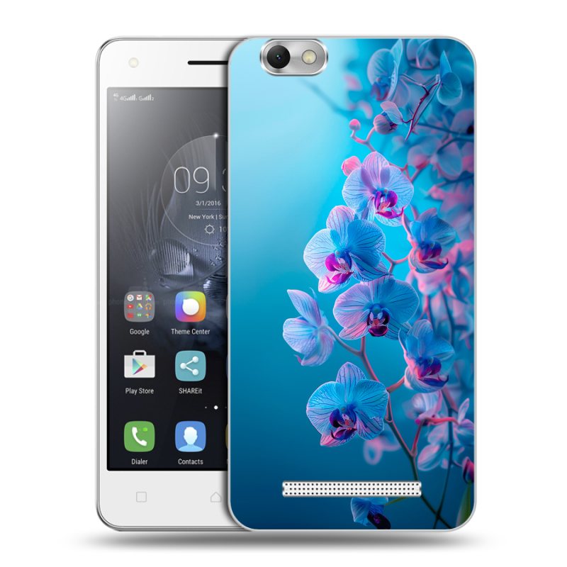 Силиконовый чехол на Lenovo Vibe C с принтом голубые орхидеи Силиконовый чехол на Lenovo Vibe C с принтом голубые орхидеи