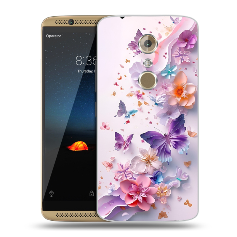 Пластиковый чехол на ZTE Axon 7 с принтом цветы бабочки Пластиковый чехол на ZTE Axon 7 с принтом цветы бабочки