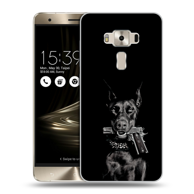 Пластиковый чехол на Asus ZenFone 3 Deluxe с принтом Доберман и пистолет Пластиковый чехол на Asus ZenFone 3 Deluxe с принтом Доберман и пистолет