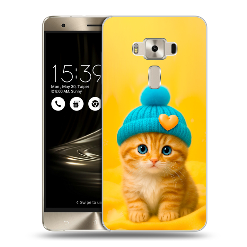 Пластиковый чехол на Asus ZenFone 3 Deluxe с принтом Котенок в шапке Пластиковый чехол на Asus ZenFone 3 Deluxe с принтом Котенок в шапке