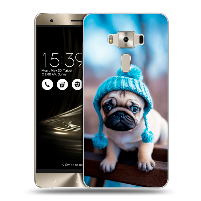 Силиконовый чехол на Asus ZenFone 3 Deluxe с принтом Мопс в шапке Силиконовый чехол на Asus ZenFone 3 Deluxe с принтом Мопс в шапке