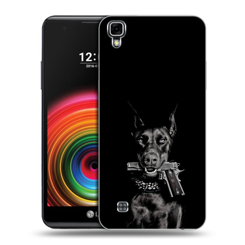 Силиконовый чехол на LG X Power с принтом Доберман и пистолет Силиконовый чехол на LG X Power с принтом Доберман и пистолет