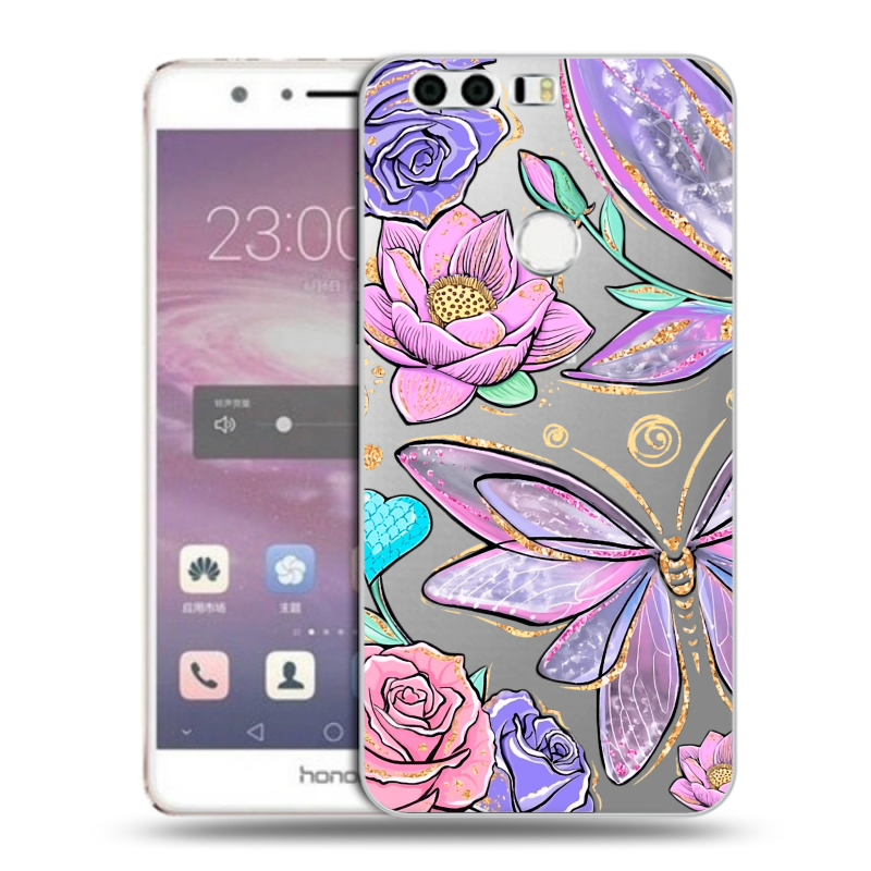 Силиконовый противоударный чехол на Huawei Honor 8 с принтом Бабочки и цветы Силиконовый противоударный чехол на Huawei Honor 8 с принтом Бабочки и цветы