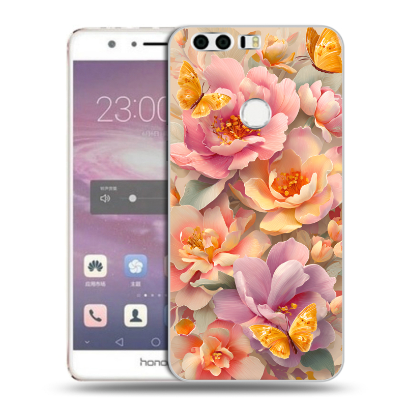 Силиконовый противоударный чехол на Huawei Honor 8 с принтом Цветы и бабочки Силиконовый противоударный чехол на Huawei Honor 8 с принтом Цветы и бабочки