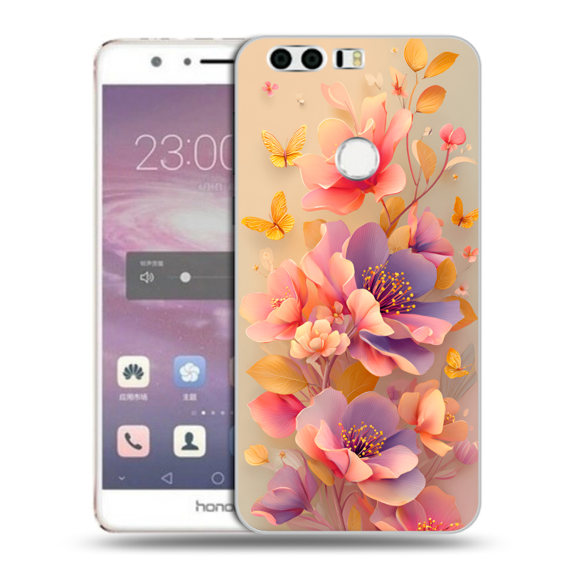 Силиконовый противоударный чехол на Huawei Honor 8 с принтом Цветы и бабочки Силиконовый противоударный чехол на Huawei Honor 8 с принтом Цветы и бабочки