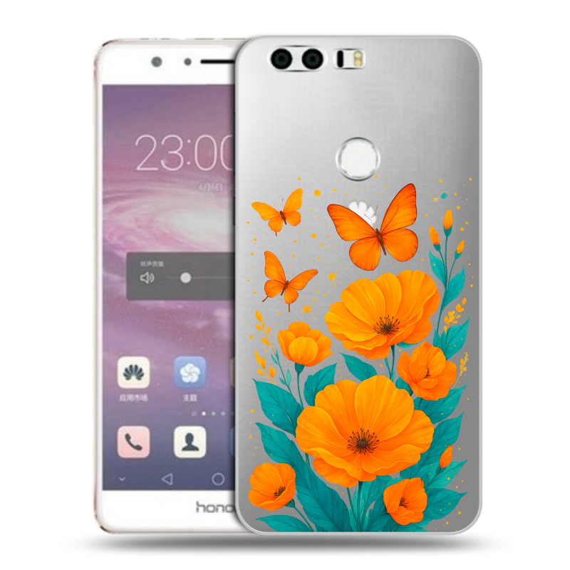 Силиконовый противоударный чехол на Huawei Honor 8 с принтом цветы бабочки Силиконовый противоударный чехол на Huawei Honor 8 с принтом цветы бабочки