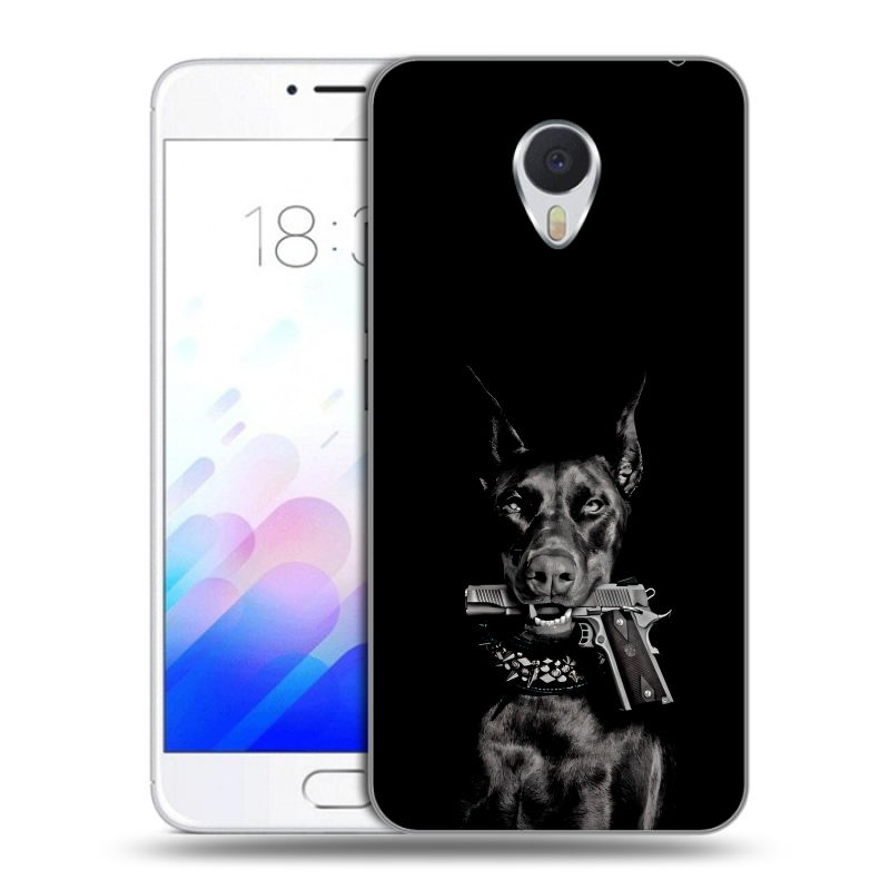 Пластиковый чехол на Meizu M3E с принтом Доберман и пистолет Пластиковый чехол на Meizu M3E с принтом Доберман и пистолет