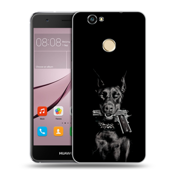 Силиконовый противоударный чехол на Huawei Nova с принтом Доберман и пистолет Силиконовый противоударный чехол на Huawei Nova с принтом Доберман и пистолет
