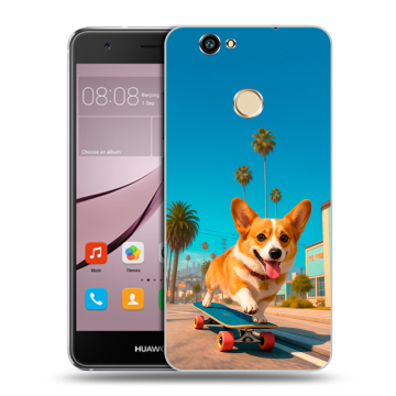 Силиконовый противоударный чехол на Huawei Nova с принтом Корги на скейте