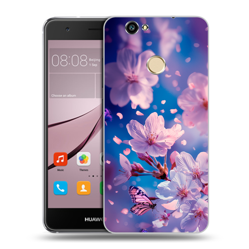 Силиконовый противоударный чехол на Huawei Nova с принтом цветы бабочки Силиконовый противоударный чехол на Huawei Nova с принтом цветы бабочки