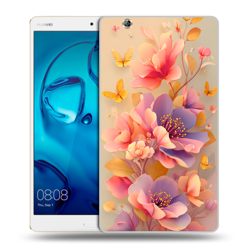 Силиконовый чехол на Huawei MediaPad M3 с принтом Цветы и бабочки Силиконовый чехол на Huawei MediaPad M3 с принтом Цветы и бабочки