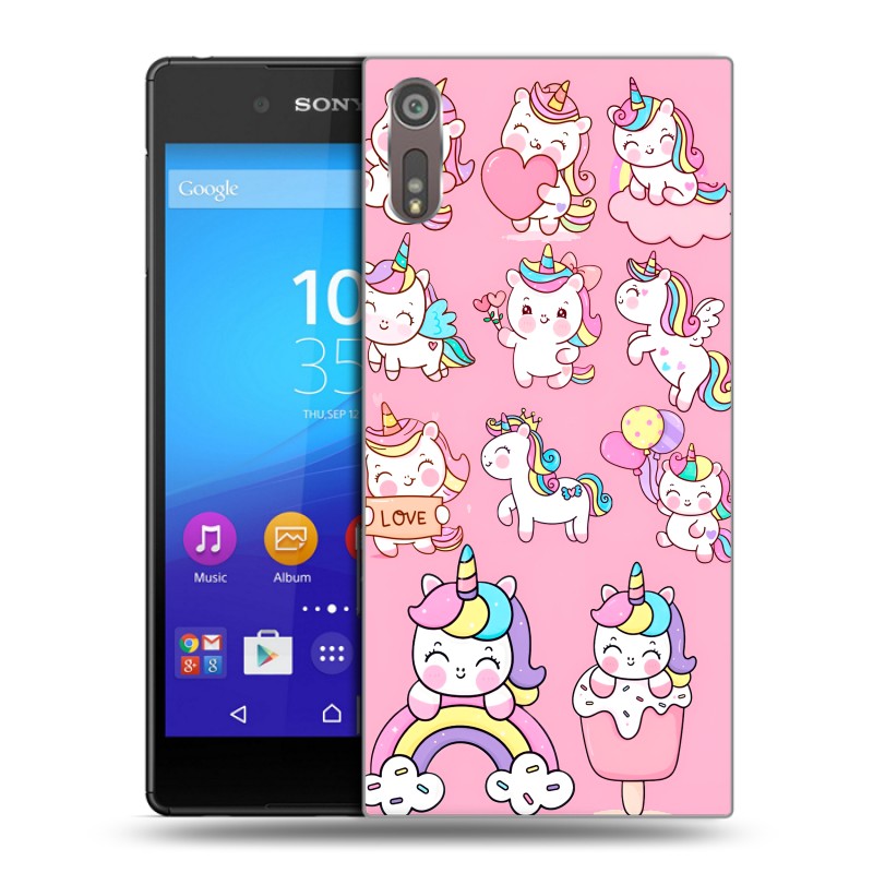 Пластиковый чехол на Sony Xperia XZ с принтом Единороги и радуга Пластиковый чехол на Sony Xperia XZ с принтом Единороги и радуга