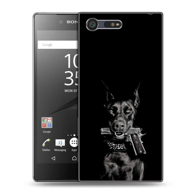 Пластиковый чехол на Sony Xperia X Compact с принтом Доберман и пистолет Пластиковый чехол на Sony Xperia X Compact с принтом Доберман и пистолет