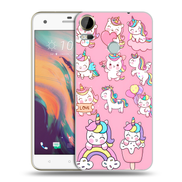 Силиконовый чехол на HTC Desire 10 Pro с принтом Единороги и радуга